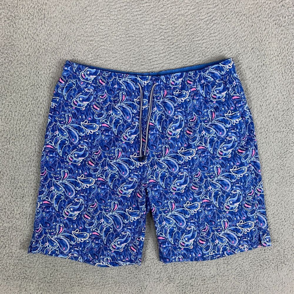 Peter Millar Paisley Shorts Seaside Swim Trunk Mens Large Blue Print Brief Lined